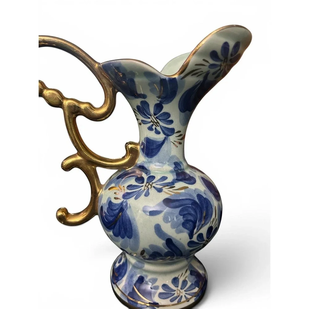 H. Bequet Quaregnon Belgium Hand Painted Blue White Ewer Gold Scroll Handle